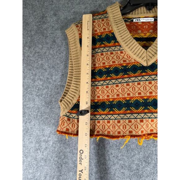 Zara Sweater Women S-M‎ Brown Knitted V Neck Fair Isle Cabin Core Cropped - Picture 4 of 6
